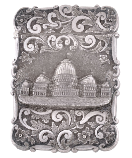 Victorian ‘castle-top’ card case by Nathaniel Mills, decorated with the Dublin International Industrial Exhibition Building. Price realized: £10,540. Dreweatts & Bloomsbury image.